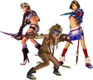 Rikku, Paine, and Yuna from Final Fantasy X-2 wearing the Thief dressphere.