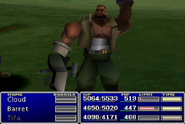 Barret using an item on an ally in Final Fantasy VII.