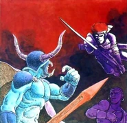 Artwork of Garland fighting the Warriors of Light from Nintendo Power.