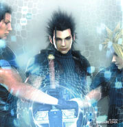 Crisis Core promotional CG artwork of Zack with Angeal and Cloud.