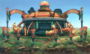 Concept art of chocobos behind Mi'ihen travel agency.