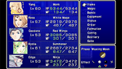 The in-game menu, displaying party statistics.