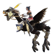 Render de uma Miqo'te montando um Chocobo.