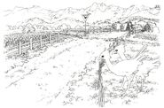 Concept art of the chocobo crossing in Winhill with chocobos.