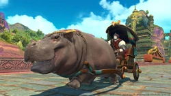 A Roegadyn riding a hippo cart
