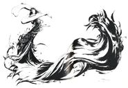 Black and white artwork of the Final Fantasy X logo by Yoshitaka Amano.