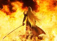 Key art of Sephiroth walking through flames.