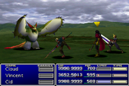 Cid using an item on an enemy in Final Fantasy VII.