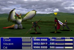 Cid using an item on an enemy.