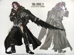 Artwork of Ardyn Izunia and his black wing accessory.