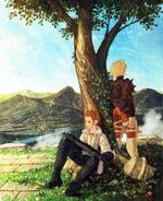 Artwork of Balthier with Ramza Beoulve from Final Fantasy Tactics: The War of the Lions.