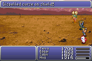 Final Fantasy VI, the curse on the Cursed Shield is dispelled.