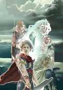 Concept artwork of Rosa with Cecil, Ceodore, the Hooded Man, and a Maenad.