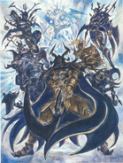 Cid (top right) alongside the rest of the Sworn Six. Artwork by Yoshitaka Amano.