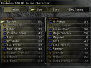 The Items menu (PS2).