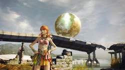 Vanille in Oerba with Cocoon behind her in the sky.