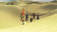 The party traveling across Sanubia Sands in Final Fantasy X.