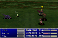 Tifa using an item on an enemy in Final Fantasy VII.