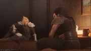 Zack and Cloud talk in the inn.
