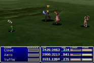 Aerith using an item on an enemy in Final Fantasy VII.