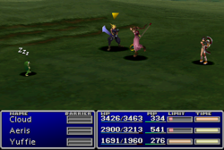 Aerith using an item on an enemy.