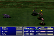 Cloud using an item on an enemy in Final Fantasy VII.