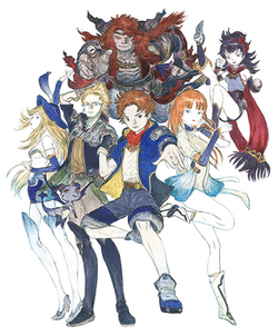 Artwork of main cast. Going clockwise: Parai, Maina, Aemo, Morrow, Wrieg, Mootie, and Jornee.