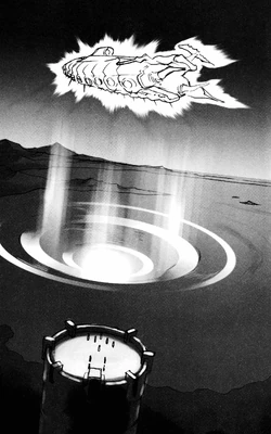 Akira Oguro artwork of the Lunar Whale rising, from the Final Fantasy IV official novelization.