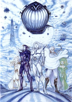 Yoshitaka Amano artwork of the heroes of Final Fantasy IV with Lunar Whale on the sky.