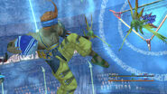 Wakka fending off Sahagin Chiefs during fiend raid on the stadium.