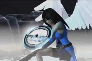 Rinoa begins to throw her Blaster Edge towards Ayane.