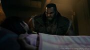 Barret watches over the sleeping Marlene from FFVII Remake