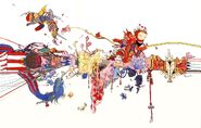 Yoshitaka Amano concept artwork, entitled "Pinball Mandala", featuring Terra in various bizarre landscapes.