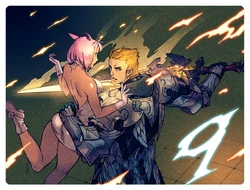 A Hyur paladin and a Miqo'te, by Rokuma Saito.