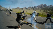 Noctis using teleportation to dodge an attack.