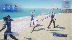 Zack fighting with an umbrella in Costa del Sol in Crisis Core -Final Fantasy VII-.