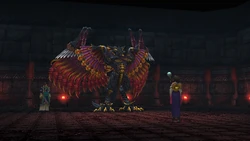Yuna in the battle against Isaaru's third aeon, Spathi, in Final Fantasy X.