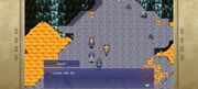 Screenshot from Final Fantasy Dimensions. Four people (top to bottom: Glaive, Alba, Diana, and Nacht) stand on the slope of a volcano with pools of lava on either side of the path. Nacht is closest to the bottom and faces away from the others, eyes closed in sadness. The blue dialogue box shows that he is saying "Leave me be