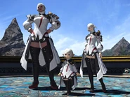 Y'shtola's Modish Attire modeled on player characters in Final Fantasy XIV.