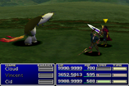 Cid using an item on an ally in Final Fantasy VII.