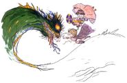 Artwork of Palom and Porom fighting a monster by Yoshitaka Amano.