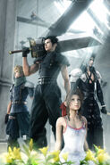 Crisis Core promotional CG artwork of Zack, Aerith, Cloud, and Sephiroth. Angeal and Genesis can be seen above them.
