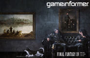 Regis sits with Noctis and Umbra on the cover of the Final Fantasy XV-focused issue of GameInformer.