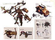 Concept artwork of Gilgamesh and his various weapons.