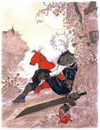 Yoshitaka Amano silkscreen artwork, entitled "Rest", of Cloud and Red XIII.