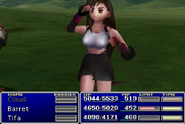 Tifa using an item on an ally in Final Fantasy VII.