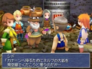 The party and Cid speaking with Takka in an early screenshot of the game for the DS release.