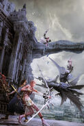 Promotional poster of Serah, Noel, Lightning, Caius, and Chaos Bahamut in Valhalla.