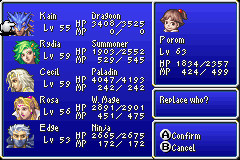 Final Fantasy IV Advance party selection screen.