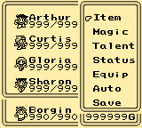 Current party shown in the menu in Final Fantasy Legend III, with one guest character.